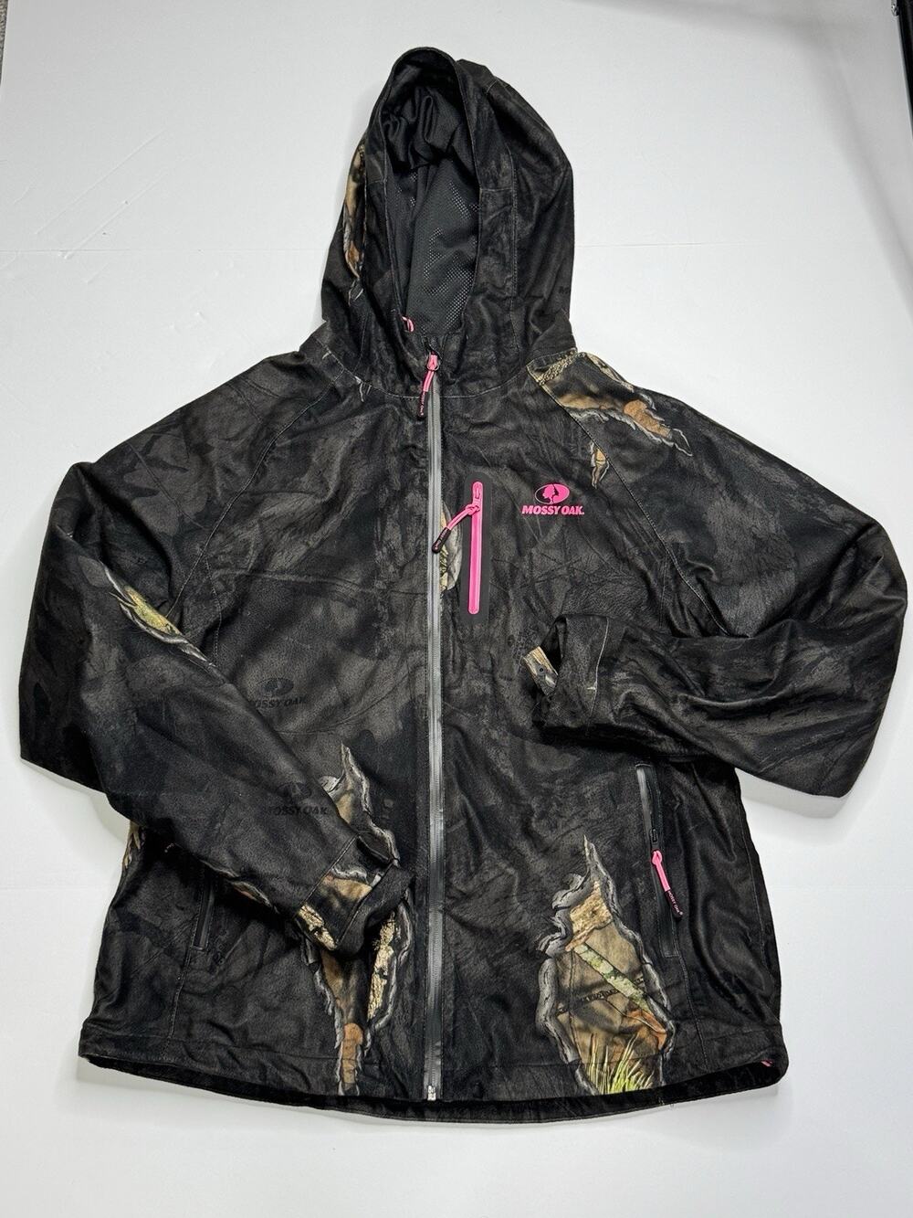 Mossy Oak Womens L Camo Softshell Jacket Black Pink Hunting Full Zip